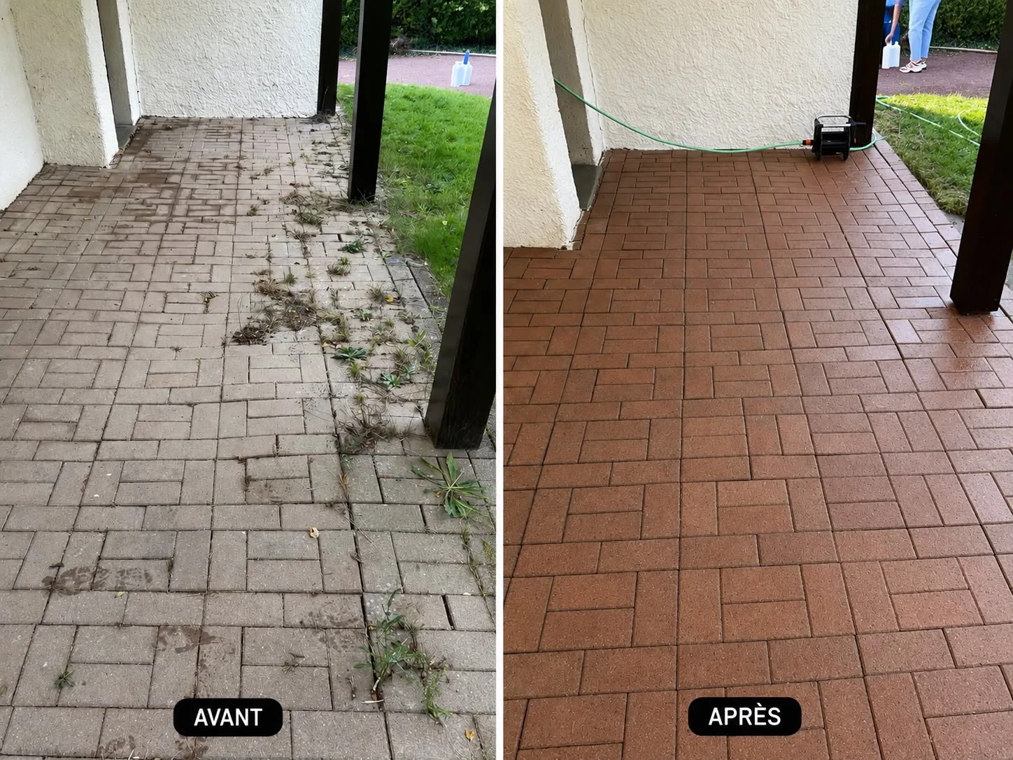 Terrasse couverte avec végétation avant et propre après nettoyage