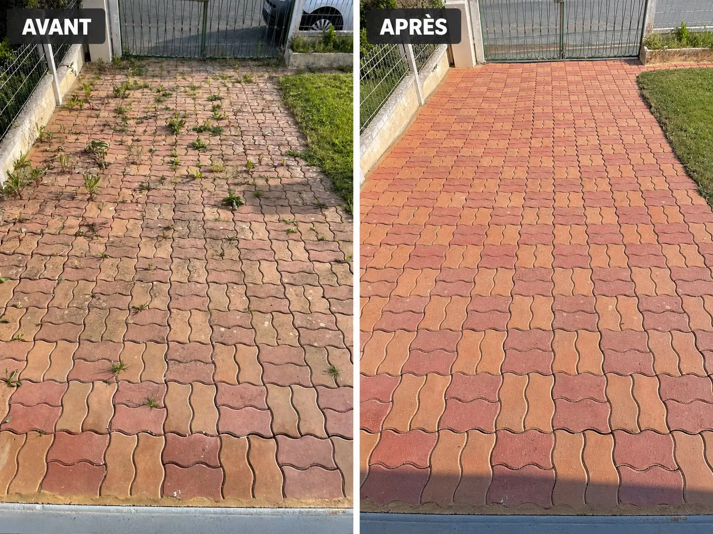 Terrasse en pavés envahie par les herbes avant et après nettoyage