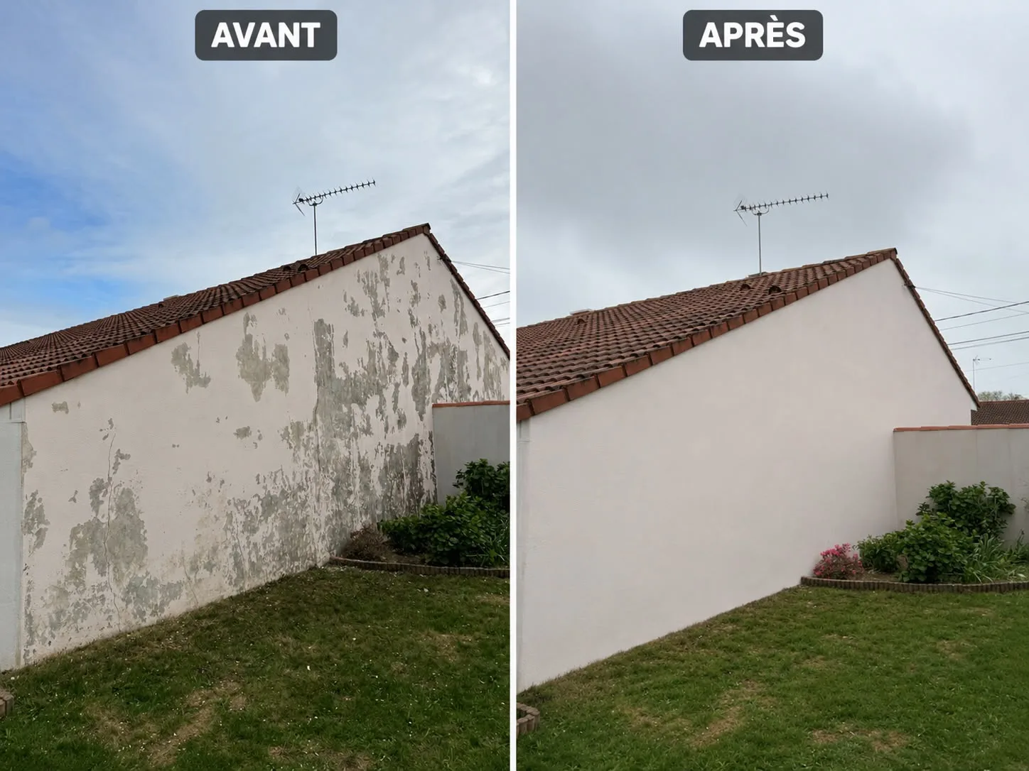 Pignon dont l’enduit se décolle avant et après rénovation