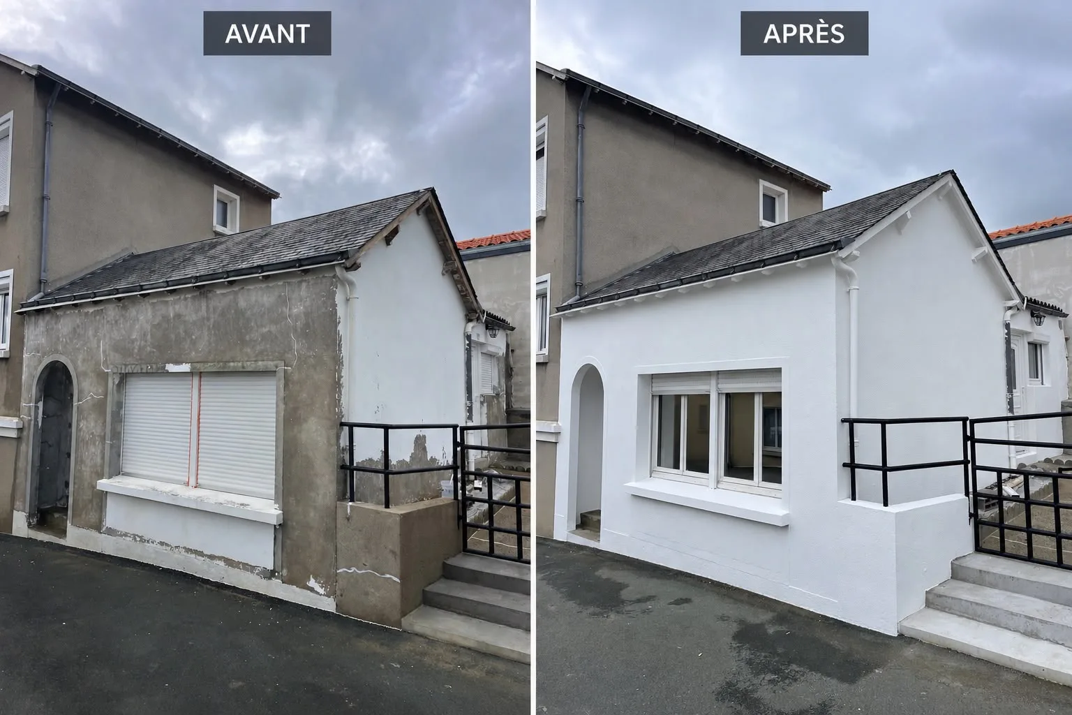 Extension de maison avant et après ravalement blanc