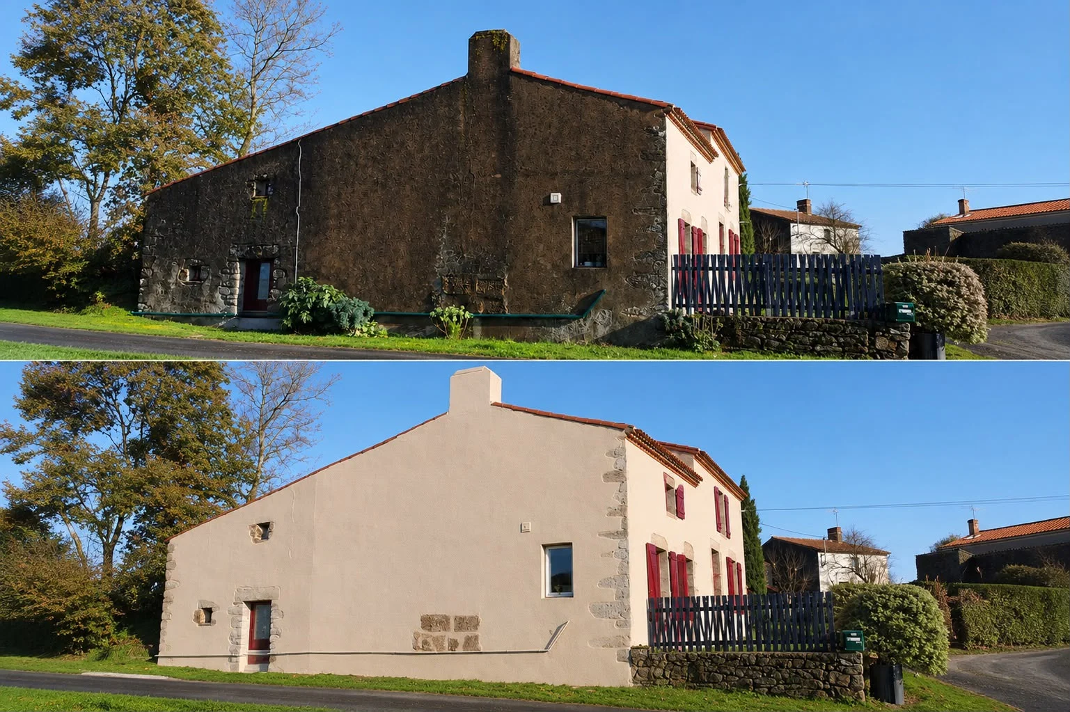 Maison avant et après un ravalement de façade réalisé par Lemonnier Peinture