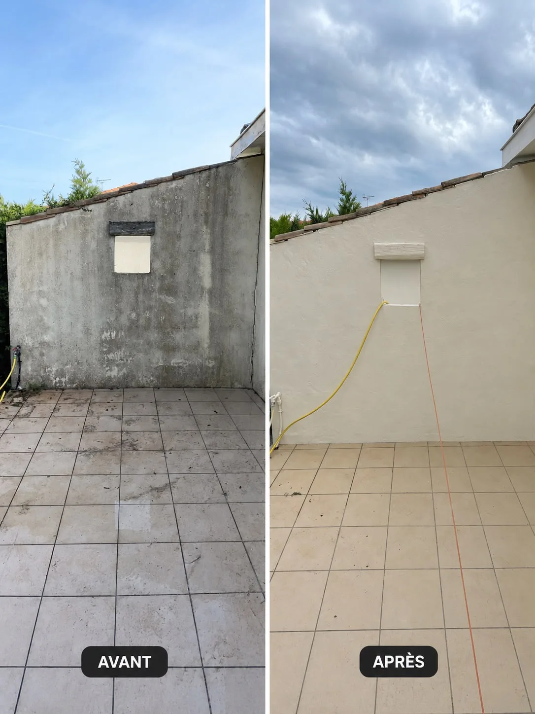 Mur de cour brut avant et après ravalement clair