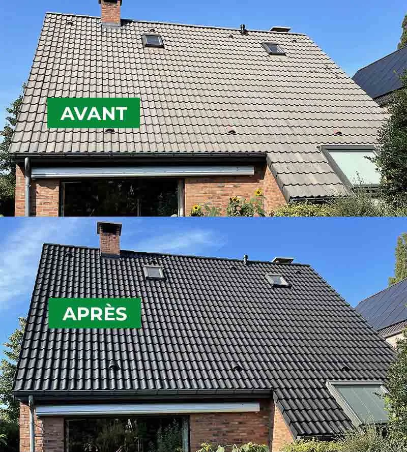 Toiture en tuiles avant et après nettoyage et application d’une finition noire