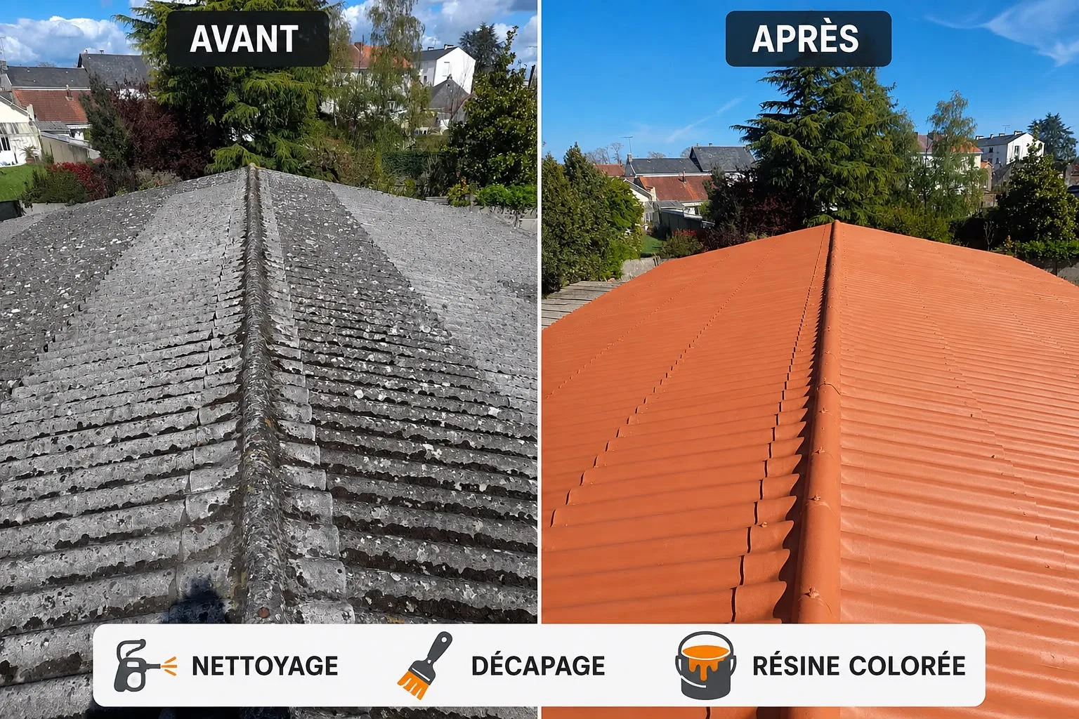 Toiture grise encrassée avant et rouge après nettoyage décapage et résine colorée